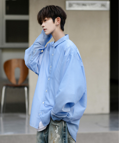 【セール】【neos】ルーズシルエット シャイニー ストライプ バルーン ロングスリーブ シャツ（シャツ/ブラウス）｜neos（ネオス）