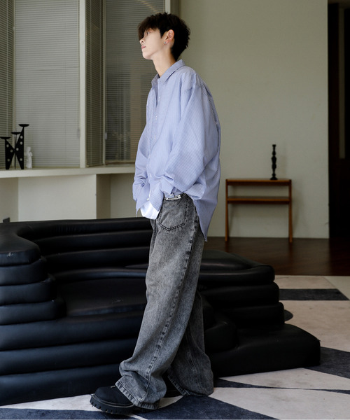 【セール】【neos】ルーズシルエット シャイニー ストライプ バルーン ロングスリーブ シャツ（シャツ/ブラウス）｜neos（ネオス）