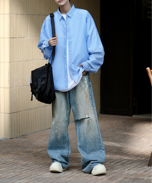 【セール】【neos】ルーズシルエット シャイニー ストライプ バルーン ロングスリーブ シャツ（シャツ/ブラウス）｜neos（ネオス）