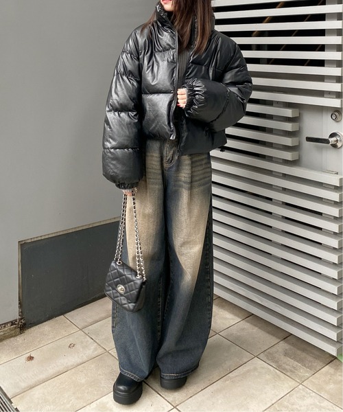 ZARA ブラック M フェイクレザークロップドダウンジャケット ZARA