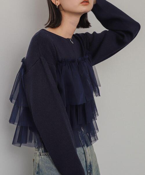 SENSE OF PLACE by URBAN RESEARCH（センスオブプレイスバイアーバンリサーチ）の「ダブルジップフリルニットカーデ（ニット/セーター・レディース・ネイビー/イエロー/ブラック/ライトベージュ・ONE）」の3枚目の写真