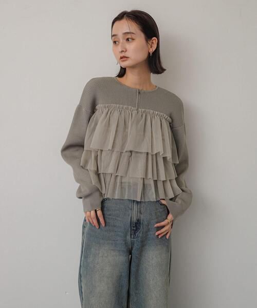 SENSE OF PLACE by URBAN RESEARCH（センスオブプレイスバイアーバンリサーチ）の「ダブルジップフリルニットカーデ（ニット/セーター・レディース・ネイビー/イエロー/ブラック/ライトベージュ・ONE）」の7枚目の写真