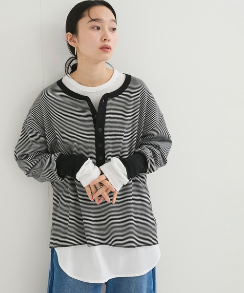 ADAM ET ROPE'（アダムエロペ）の「別注【Healthknit/ヘルスニット】2Pレイヤードヘンリープルオーバー（Tシャツ/カットソー・レディース・ブラック系その他2/ブルー系その他6/ブラック・FREE）」の2枚目の写真