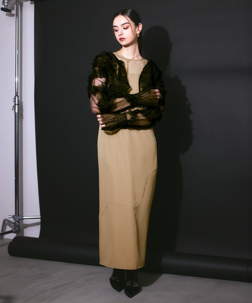 darial(ダリアル)の「【darial】2way tule bolelo dress 2点セット 2way チュール ボレロ ドレス お呼ばれ 結婚式 二次会 成人式 同窓会 セレモニードレス パーティドレス オケージョンドレス(ドレス・レディース・ベージュ×ブラック/パープル/チャコールグレー・L/M/S)」の7枚目の写真