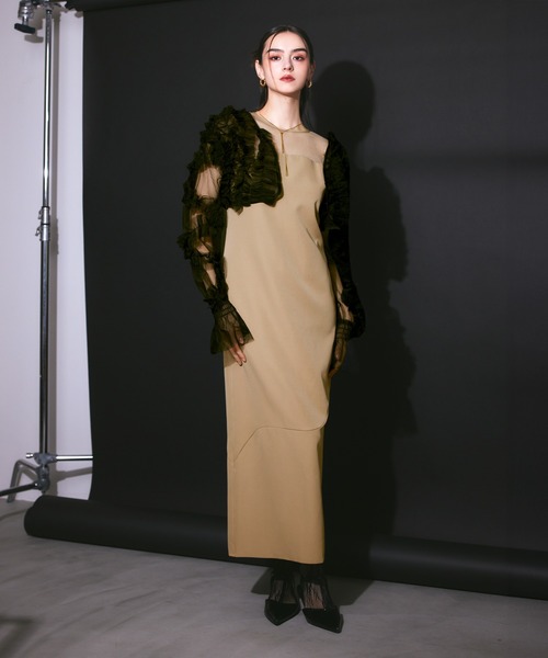 darial(ダリアル)の「【darial】2way tule bolelo dress 2点セット 2way チュール ボレロ ドレス お呼ばれ 結婚式 二次会 成人式 同窓会 セレモニードレス パーティドレス オケージョンドレス(ドレス・レディース・ベージュ×ブラック/パープル/チャコールグレー・L/M/S)」の4枚目の写真