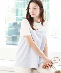 MK MICHEL KLEIN（エムケーミッシェルクラン）の「ビスチェレイヤード風フレアーTシャツ(ストライプ)/洗える（Tシャツ/カットソー）」