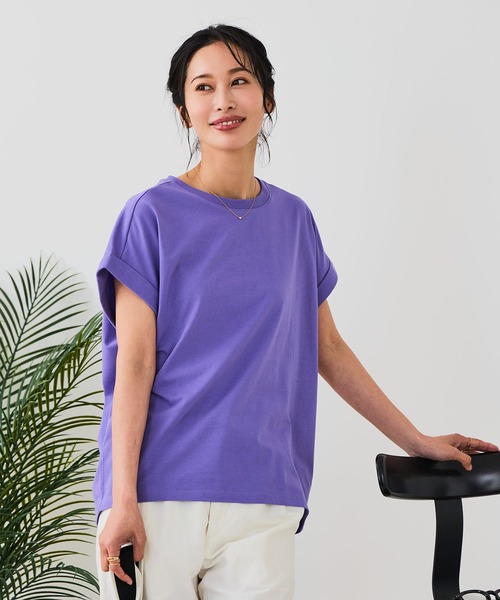 LB/S (エルビーエス)の「【汗染みの目立ちにくいTシャツ ZEROSTAIN/ゼロステイン】ロールカフラウンドヘムTシャツ 撥水・防汚加工 涼しい・透けにくい 大人カジュアル(Tシャツ/カットソー・レディース・スミクロ/ダークグリーン/ブラック/ホワイト/パープル/オフホワイト・LARGE/MEDIUM)」の6枚目の写真
