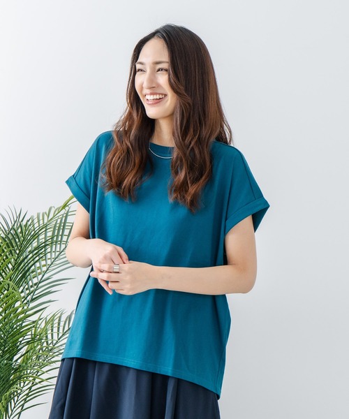 LB/S (エルビーエス)の「【汗染みの目立ちにくいTシャツ ZEROSTAIN/ゼロステイン】ロールカフラウンドヘムTシャツ 撥水・防汚加工 涼しい・透けにくい 大人カジュアル(Tシャツ/カットソー・レディース・スミクロ/ダークグリーン/ブラック/ホワイト/パープル/オフホワイト・LARGE/MEDIUM)」の22枚目の写真