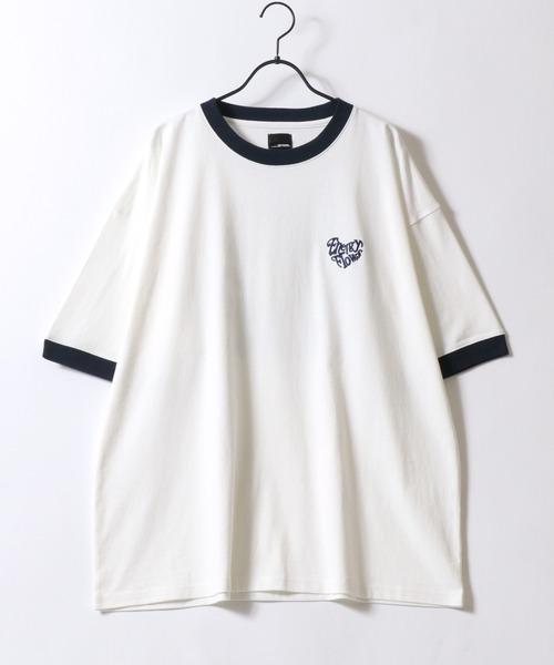 セール】Ringer Print T-shirt/ハートロゴ ワンポイント刺繍