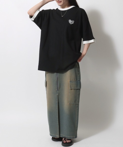 セール】Ringer Print T-shirt/ハートロゴ ワンポイント刺繍