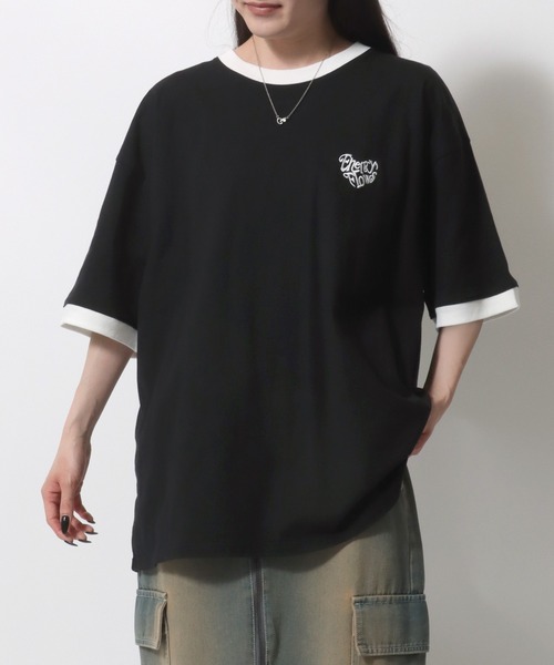 tシャツ Letter print ringer T-shirt レディース セール】Ringer Print T-shirt/ハートロゴ ワンポイント刺繍
