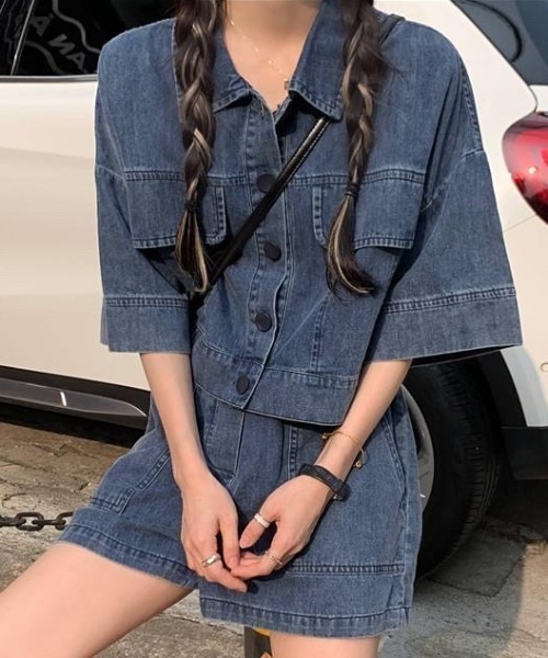 クロップドジャケット パンツ デニム セットアップ 韓国 デニム セットアップ 韓国 ファッション レディース ベルト