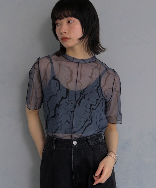 cheriella（シェリエラ）の「【cheriella】マーブルハイネックシアートップス半袖 新色追加 MARBLE HIGH-NECK SHEER SHORT TOPS NEW COLOR（Tシャツ/カットソー・レディース・チャコール/ブルー/ブラック/グレイッシュベージュ/ブルーグリーン/ワイン・M）」の16枚目の写真