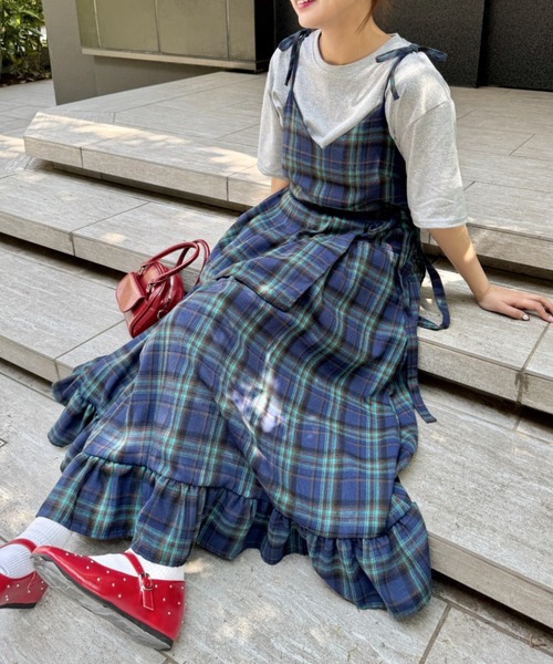 セール】チェック柄フリルリボンキャミワンピース（ワンピース