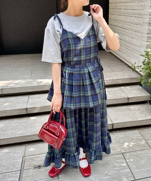 SOLLON.（ソルロン）の「チェック柄フリルリボンキャミワンピース（ワンピース・レディース・イエロー/ピンク/ネイビー/レッド・FREE）」の18枚目の写真