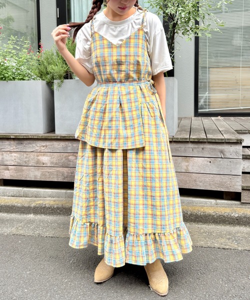 00s 希少 TRALALA ビスチェ風ビッグリボン付きフリルキャミワンピ 姫 セール】チェック柄フリルリボンキャミワンピース（ワンピース