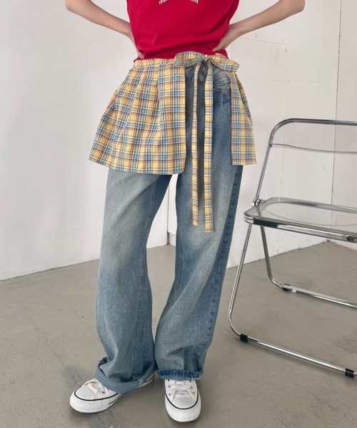 SOLLON.（ソルロン）の「チェック柄フリルリボンキャミワンピース（ワンピース・レディース・イエロー/ピンク/ネイビー/レッド・FREE）」の7枚目の写真