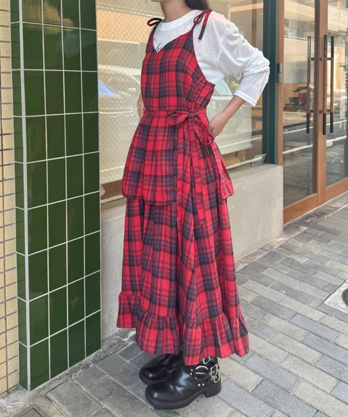 セール】チェック柄フリルリボンキャミワンピース（ワンピース
