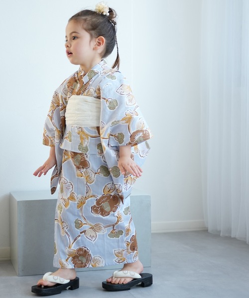 キッズ浴衣3点セット utatane ブルーグレーに椿唐草（浴衣）｜utatane