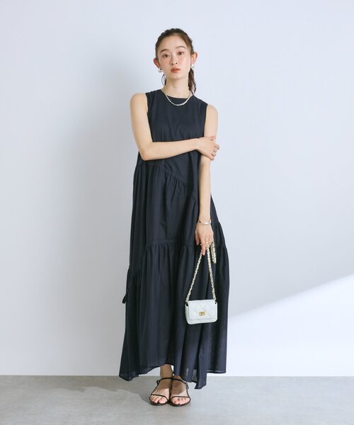 美品✨アーギュ ARGUE リネンバックリボンカフタンワンピース チャコール 最強愛されワンピ】アシンメトリーリボンリネンミックス