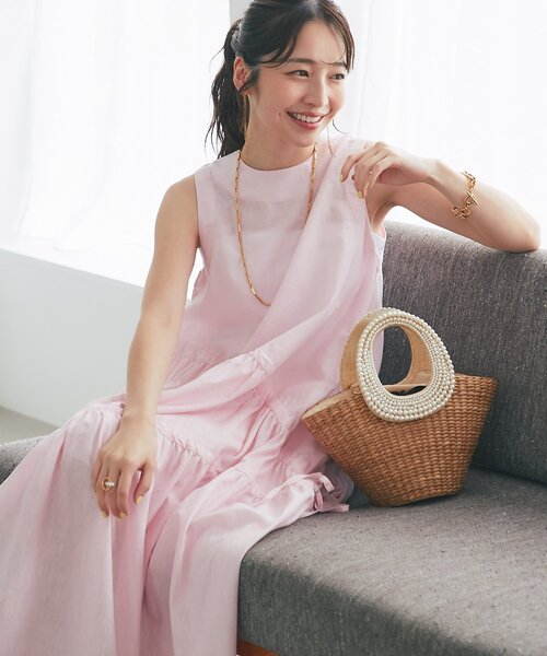 La boutique BonBonアシンメトリーリボンリネンミックスワンピース アシンメトリーリボンリネンミックスワンピース Laboutique