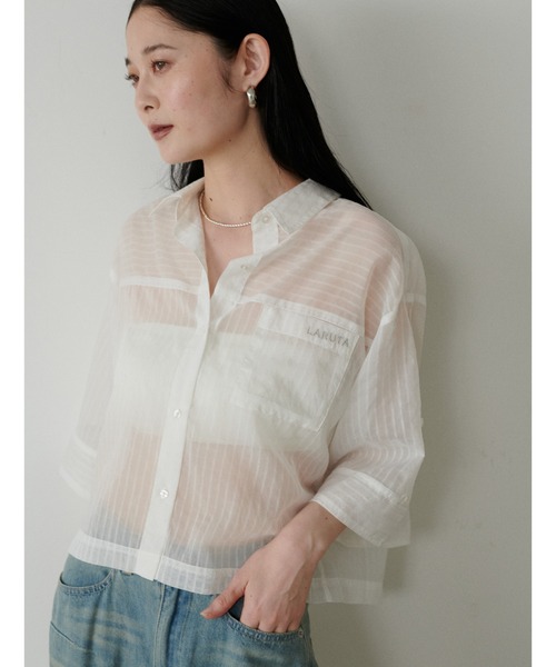LARUTA（ラルータ）の「【LARUTA】シアー半袖刺繍ロゴシャツ（シャツ/ブラウス・レディース・ブラック/オフホワイト/ミント/ストライプ/キャメル・FREE）」の19枚目の写真
