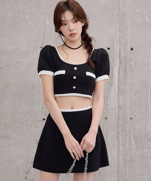 TeddyShop(テディショップ)の「レディース水着 半袖クロップドパール調ボタン配色ビスチェビキニ+タックスカート 3点セット(水着・レディース・ブラック・L/M/S)」の12枚目の写真