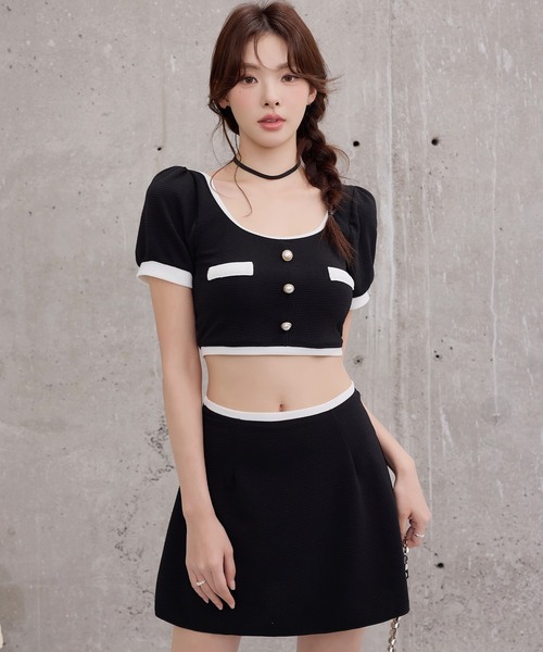 TeddyShop(テディショップ)の「レディース水着 半袖クロップドパール調ボタン配色ビスチェビキニ+タックスカート 3点セット(水着・レディース・ブラック・L/M/S)」の13枚目の写真