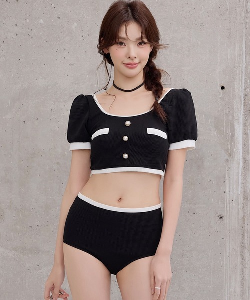 TeddyShop(テディショップ)の「レディース水着 半袖クロップドパール調ボタン配色ビスチェビキニ+タックスカート 3点セット(水着・レディース・ブラック・L/M/S)」の16枚目の写真