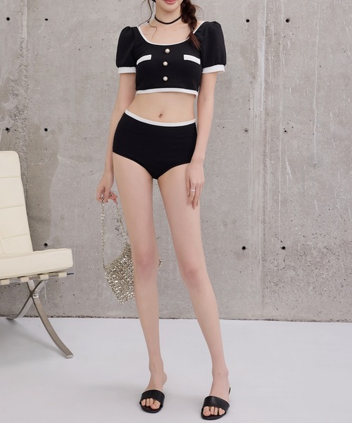 TeddyShop(テディショップ)の「レディース水着 半袖クロップドパール調ボタン配色ビスチェビキニ+タックスカート 3点セット(水着・レディース・ブラック・L/M/S)」の11枚目の写真