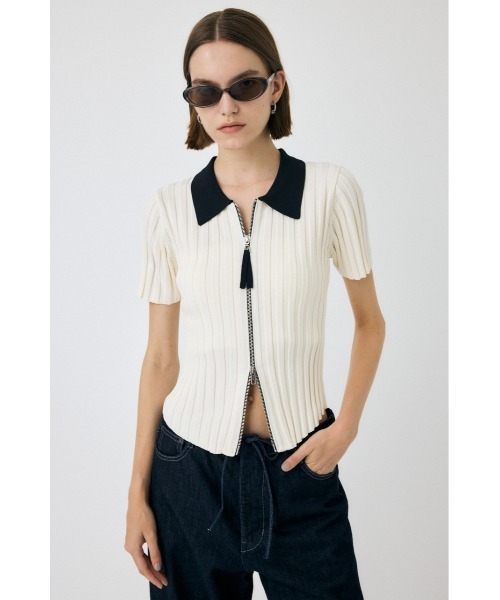 MOUSSY(マウジー)の「ZIP UP RIB KNIT H/S シャツ(ニット/セーター・レディース・オフホワイト/ダークブラウン/オレンジ系その他・FREE)」の2枚目の写真
