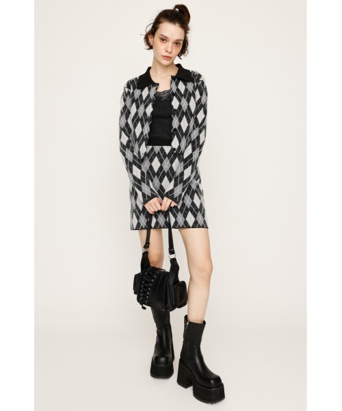 SLY（スライ）の「【セットアップ可】ARGYLE CHECK HG POLO SH アーガイルチェック ハイゲージ ポロシャツ 秋服（カーディガン/ボレロ・レディース・ブルー/グレー/ブラック・FREE）」の4枚目の写真