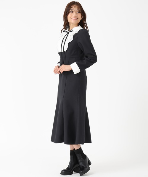 セール】2025秋冬新作 襟付きラッフルコンビマーメイドワンピース