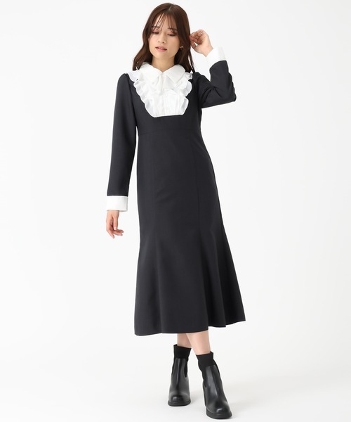 【美品】2025秋冬新作襟付きラッフルコンビマーメイドワンピース セール】2025秋冬新作 襟付きラッフルコンビマーメイドワンピース