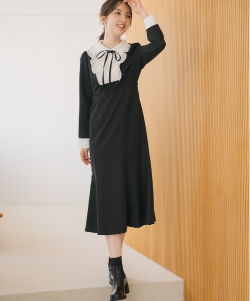 セール】2025秋冬新作 襟付きラッフルコンビマーメイドワンピース