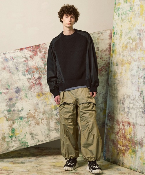 UNISEX》Gather Curved Switching Wide Pants/ギャザーカーブ