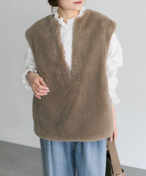 PUAL CE CIN(ピュアルセシン)の「リサイクルボアベスト(ベスト・レディース・ベージュ/モカ・FREE)」の2枚目の写真