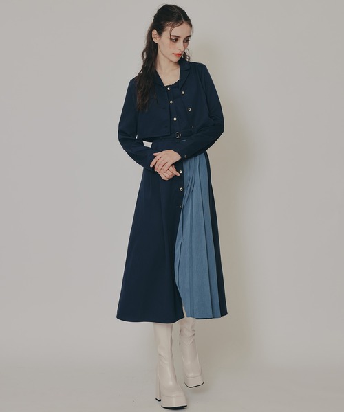 バイカラーアシメプリーツロングスリーブシャツワンピース（ワンピース