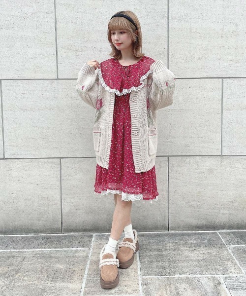 チューリップポット柄ニットカーディガン（カーディガン/ボレロ）｜F