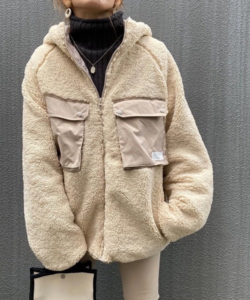 merrylatte(メリーラテ)の「ソフトボアジップパーカー【Primaras】(ブルゾン・レディース・マルチ/ブラウン/ホワイト・M/L/XL)」の2枚目の写真