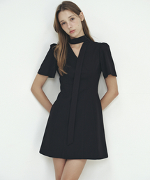 TIE POINTED MINI DRESS - BLACK