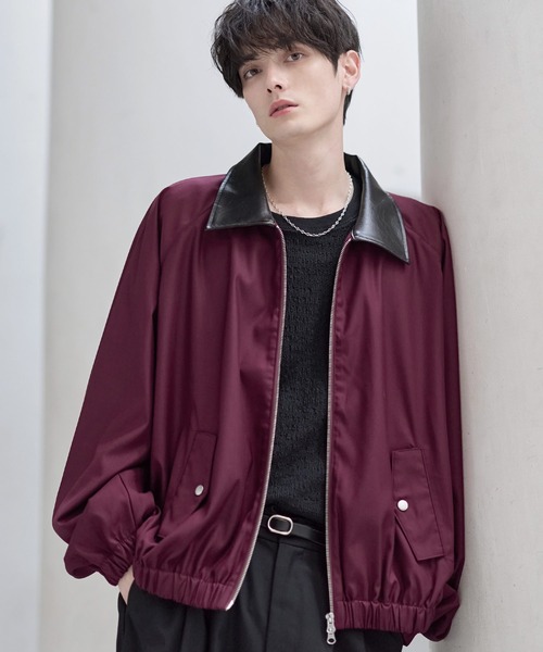 ETELIO（エテリオ）の「襟合皮切替ジップアップショートブルゾン（ブルゾン・メンズ・チャコール/ブラック/ワイン/グレー・S/M/L/XL）」の4枚目の写真