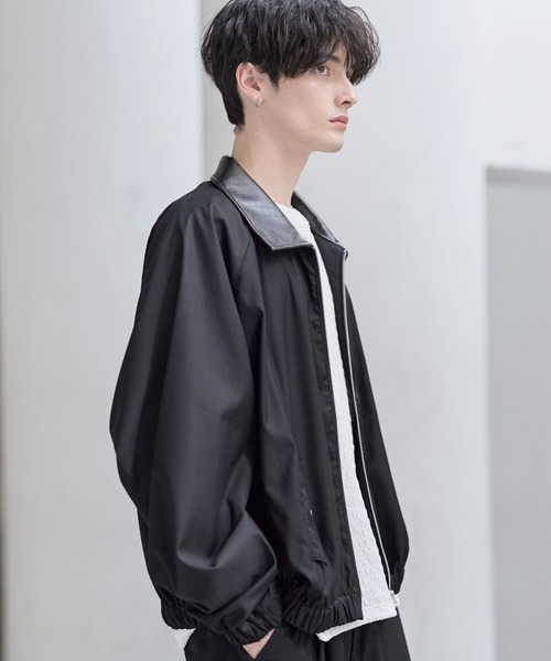 ETELIO（エテリオ）の「襟合皮切替ジップアップショートブルゾン（ブルゾン・メンズ・チャコール/ブラック/ワイン/グレー・S/M/L/XL）」の12枚目の写真