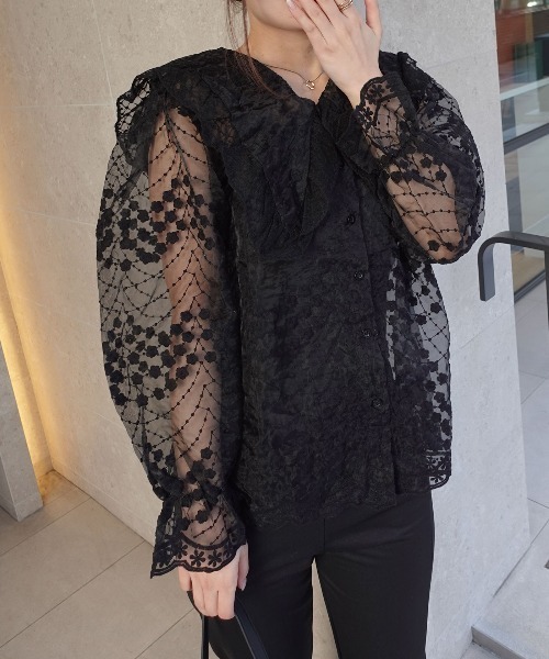 CORNERS(コーナーズ)の「ビッグカラーオーガンジーレースブラウス(シャツ/ブラウス・レディース・ベージュ系その他/ホワイト/ブラック・M)」の2枚目の写真