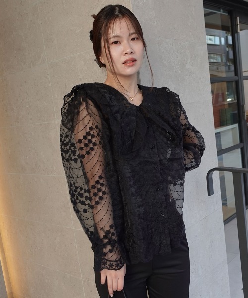 CORNERS(コーナーズ)の「ビッグカラーオーガンジーレースブラウス(シャツ/ブラウス・レディース・ベージュ系その他/ホワイト/ブラック・M)」の13枚目の写真