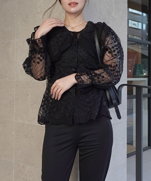 CORNERS(コーナーズ)の「ビッグカラーオーガンジーレースブラウス(シャツ/ブラウス・レディース・ベージュ系その他/ホワイト/ブラック・M)」の14枚目の写真