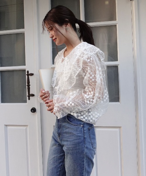 CORNERS(コーナーズ)の「ビッグカラーオーガンジーレースブラウス(シャツ/ブラウス・レディース・ベージュ系その他/ホワイト/ブラック・M)」の10枚目の写真