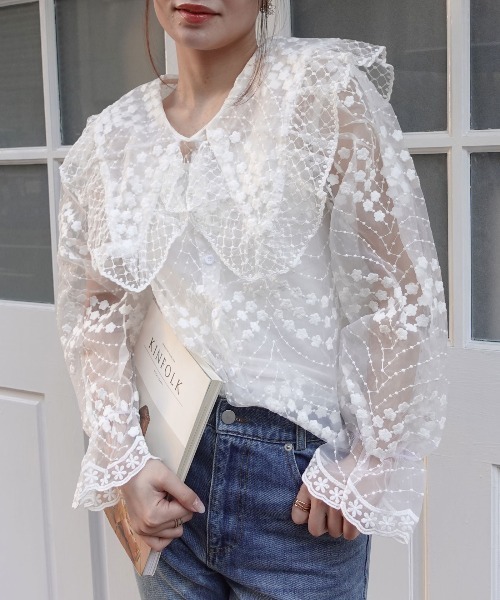 CORNERS(コーナーズ)の「ビッグカラーオーガンジーレースブラウス(シャツ/ブラウス・レディース・ベージュ系その他/ホワイト/ブラック・M)」の6枚目の写真