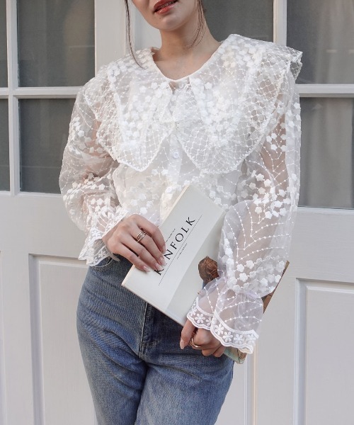 CORNERS(コーナーズ)の「ビッグカラーオーガンジーレースブラウス(シャツ/ブラウス・レディース・ベージュ系その他/ホワイト/ブラック・M)」の7枚目の写真