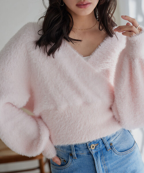 KOBE LETTUCE（コウベレタス）の「フェザーカシュクールニット（ニット/セーター・レディース・アイボリー/モカ/ピンク・M）」の3枚目の写真